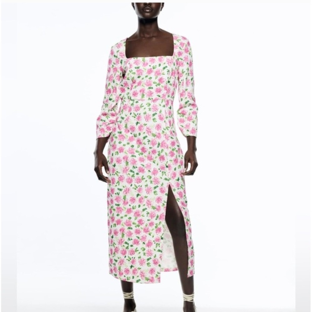 Zara Satin Floral Multicolor Pink Midi Dress Size Medium EUC SS22_8351/042